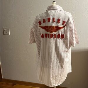 Harley-Davidson White and Gray Striped Button up Shirt with Red Embroidered Logo